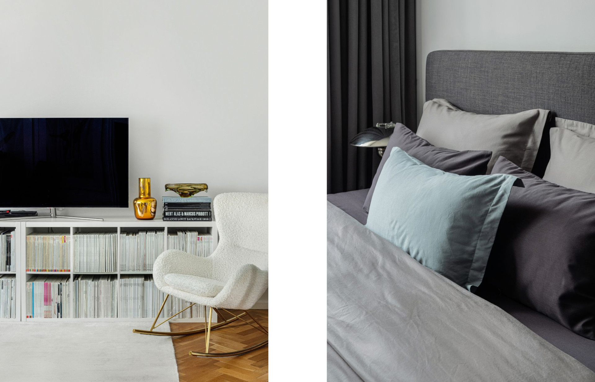 Our Father's Playground, Deep Secret and Afternoon Storm collections complement the bedroom’s neutral shades.